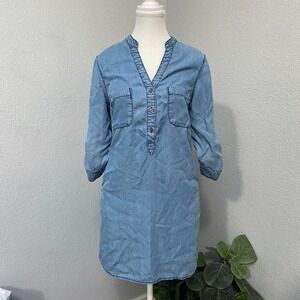 CHAMBRAI DENIM CHAMBRAY BLUE QUARTER SLEEVE BUTTON SHIRT DRESS BOHO COTTAGECORE